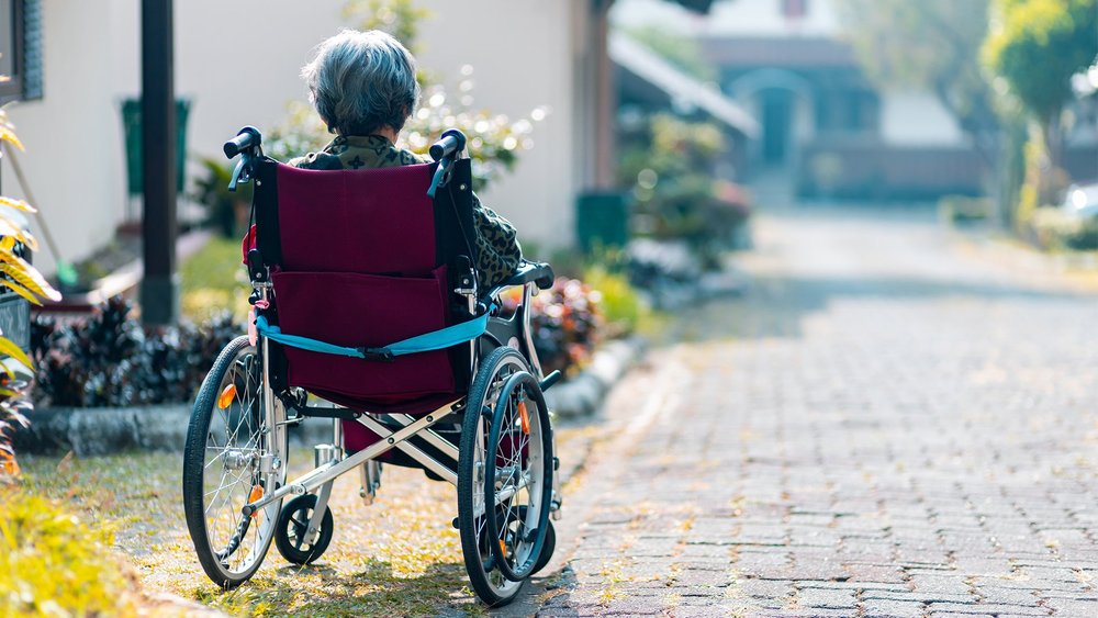 An elderly woman in a wheelchair is seen from behind on a paved garden path.