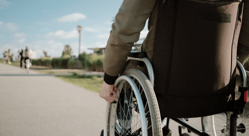 A person pushes a manual wheelchair along a paved park path.